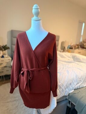 Francesca's Collections Rust Wrap Knit Dress with Tie Waist